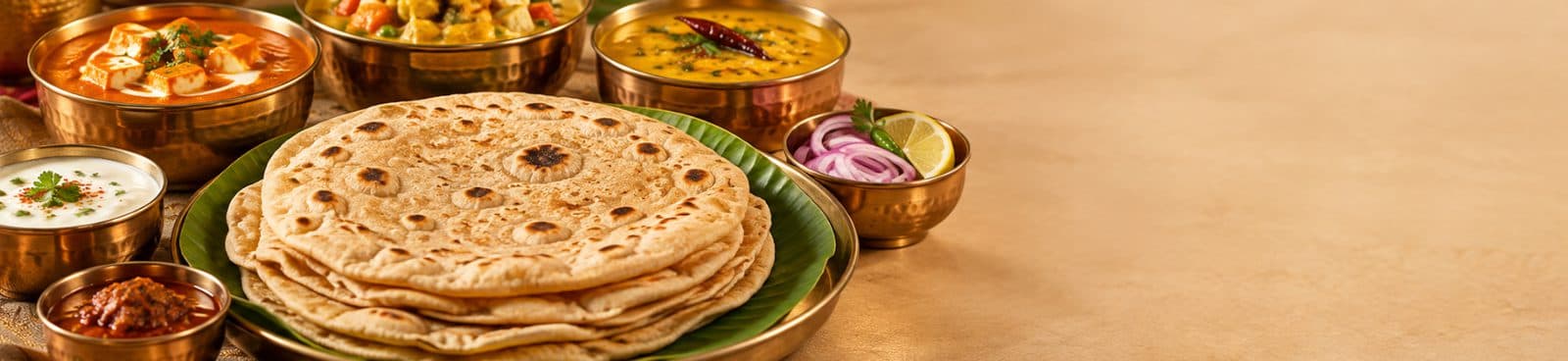 Stack of soft chappathis with paneer gravy, dal and raita