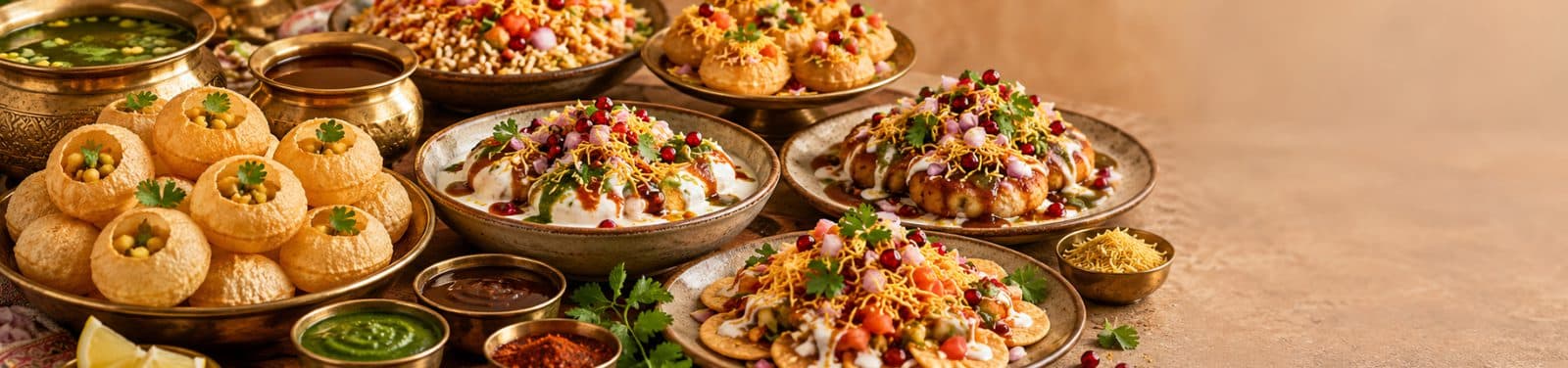 Pani puri, dahi puri and sev puri with chutneys