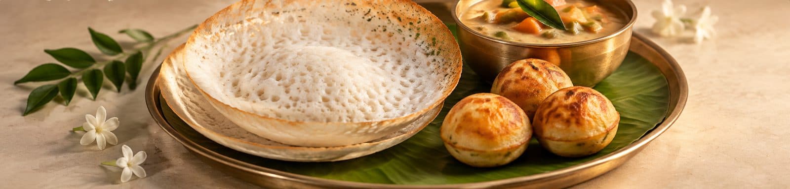Lacy appam with kurma and kuzhi paniyaram on a brass plate