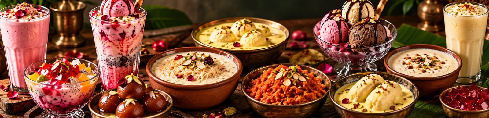 Rasmalai, gulab jamun, kesari and ice creams on a dessert table