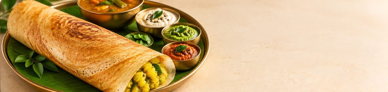 Golden masala dosa on a banana leaf with sambar and chutneys