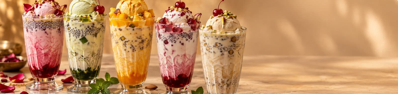Tall glasses of rose, kesar and mango falooda topped with ice cream