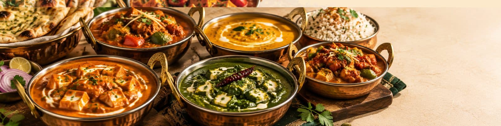 Copper kadais of paneer butter masala, palak paneer and dal