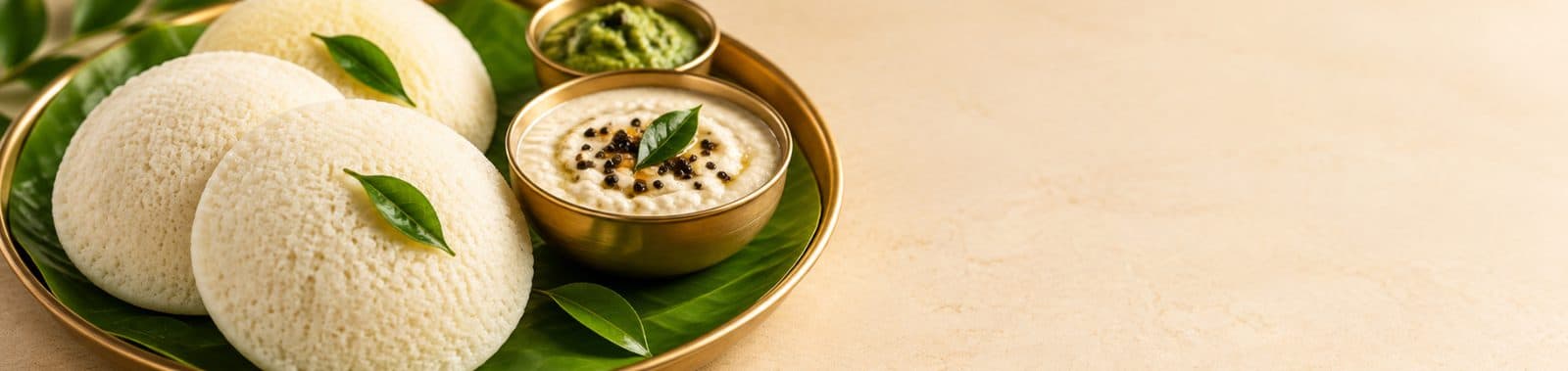 Soft steamed idlies with coconut chutney on a brass plate