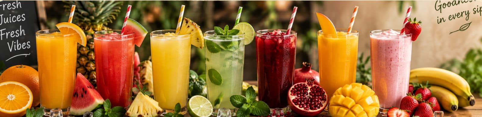 A row of fresh fruit juices with oranges, watermelon and mango