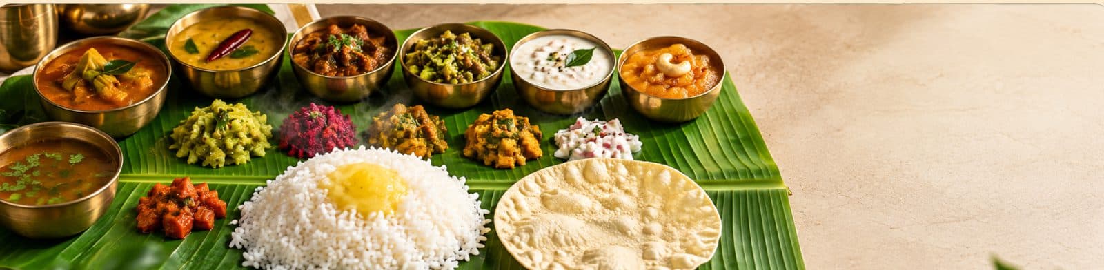 Traditional South Indian meals spread on a banana leaf