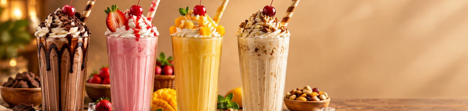 Chocolate, strawberry, mango and dry fruit milkshakes