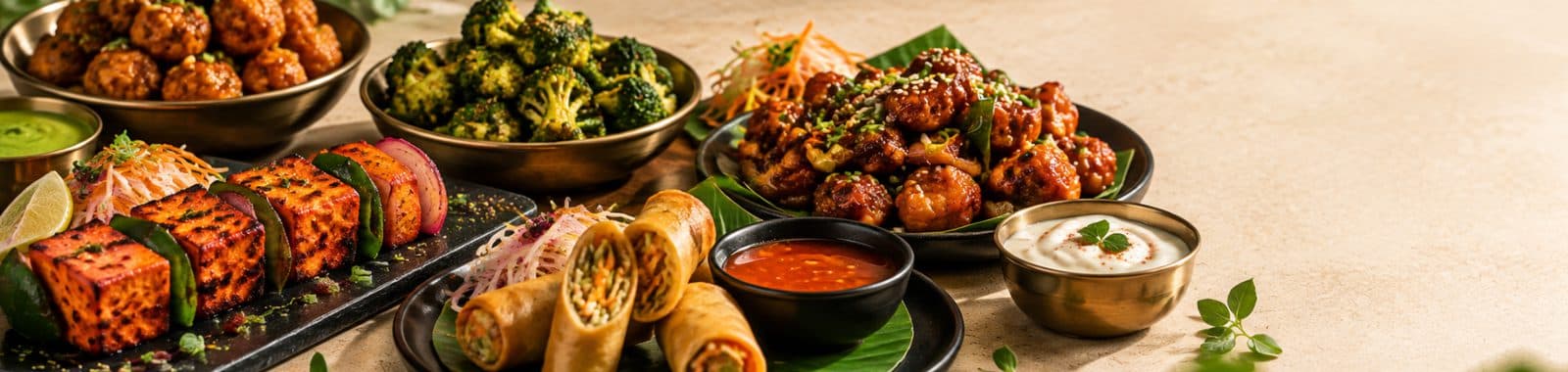 Paneer tikka, spring rolls, broccoli and manchurian starters